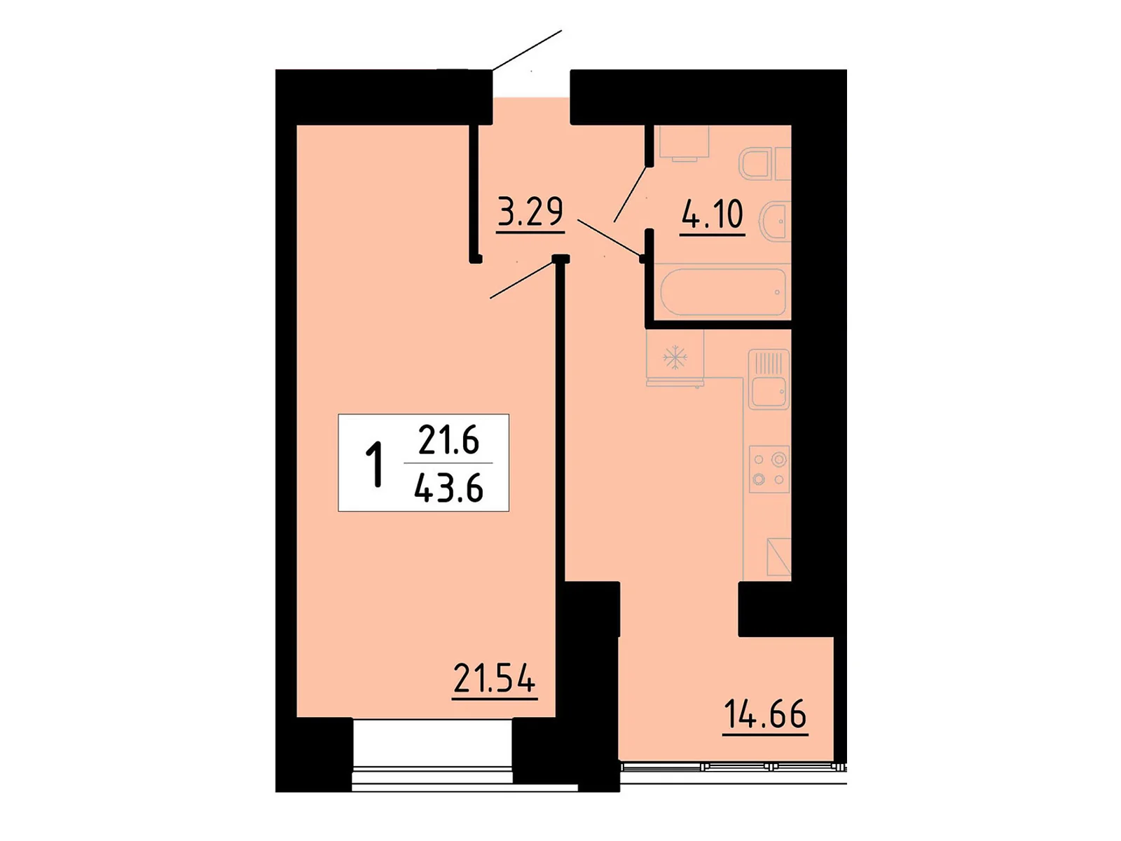1-комнатная квартира 43.6 кв. м в Тернополе, ул. Боковая Энергетическая, 5 - фото 1