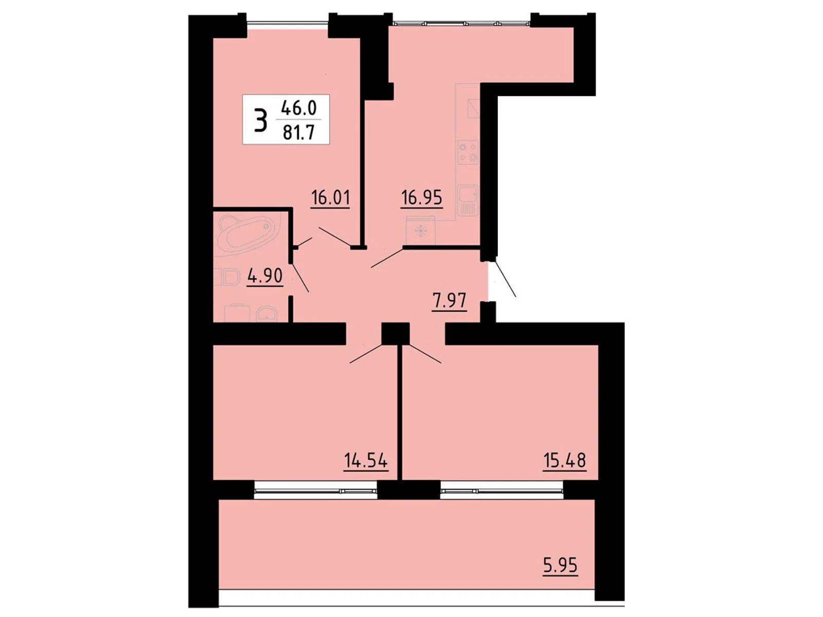 3-кімнатна квартира 81.7 кв. м у Тернополі, вул. Бічна Енергетична, 5 - фото 1