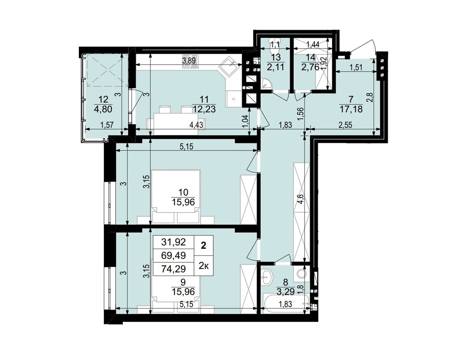 2-комнатная квартира 74.29 кв. м в Тернополе, ул. Стецька Ярослава, 20Б - фото 1