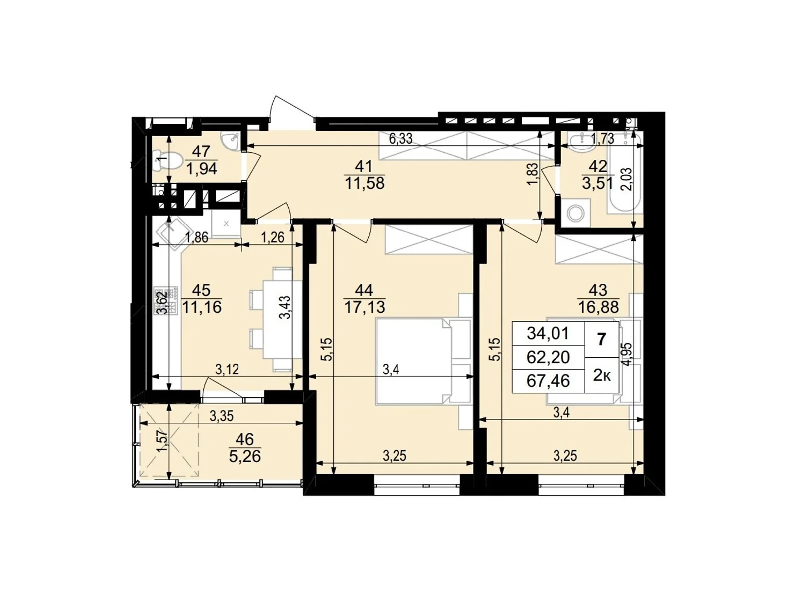 2-комнатная квартира 67.36 кв. м в Тернополе, ул. Стецька Ярослава, 20Б - фото 1