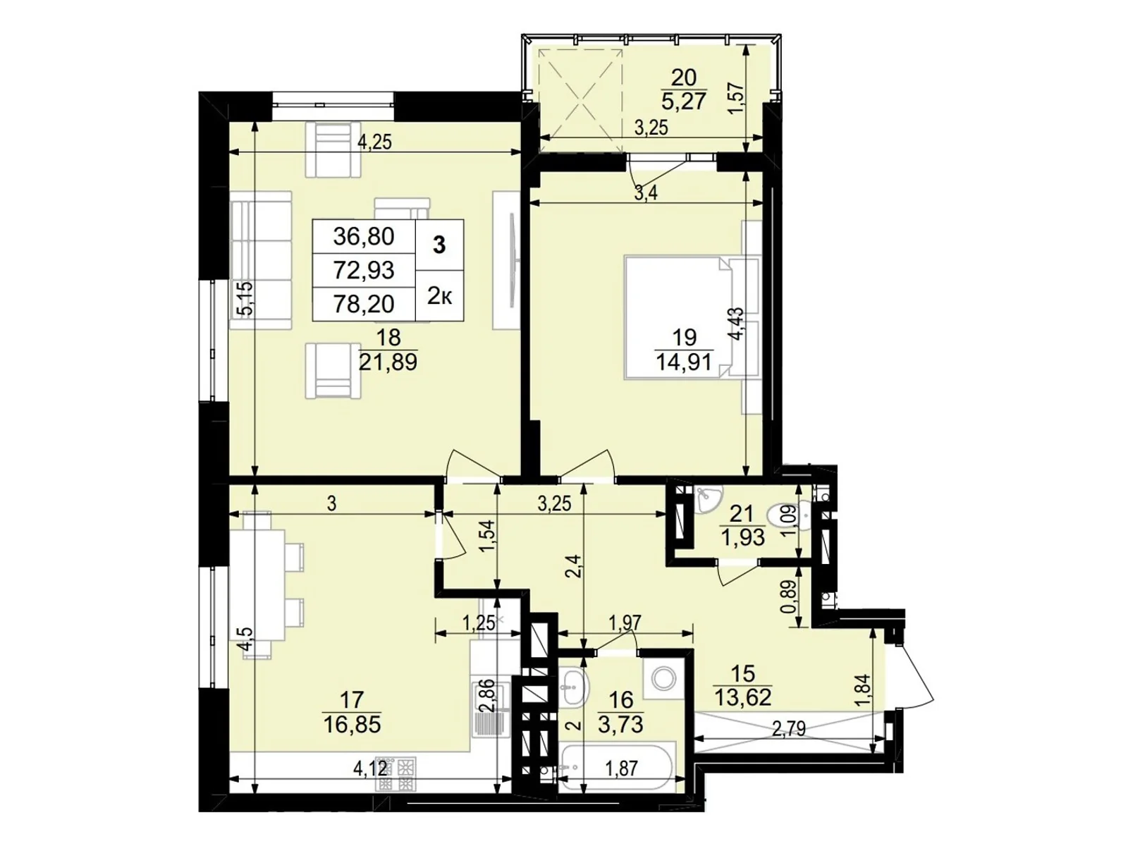 2-кімнатна квартира 78.65 кв. м у Тернополі, вул. Стецька Ярослава, 20Б - фото 1