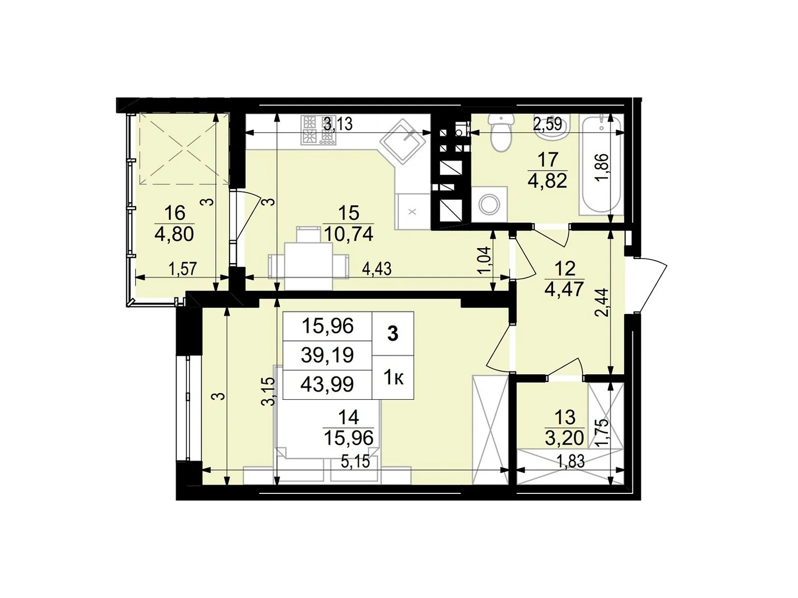 1-комнатная квартира 43.99 кв. м в Тернополе, ул. Стецька Ярослава, 20Б - фото 1
