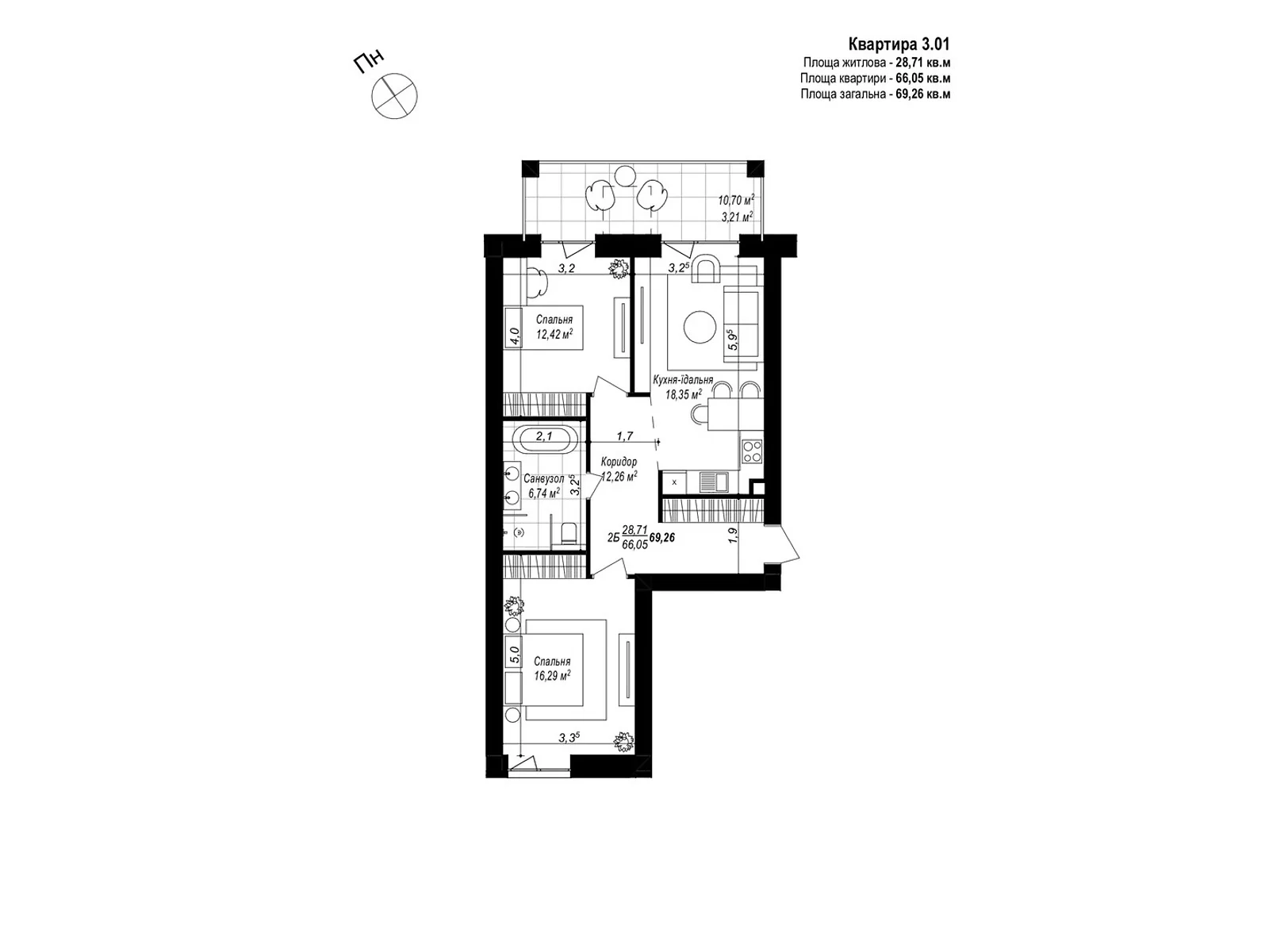 Продается 2-комнатная квартира 69.26 кв. м в Хмельницком, ул. 1-я Отрадная, 1 - фото 1