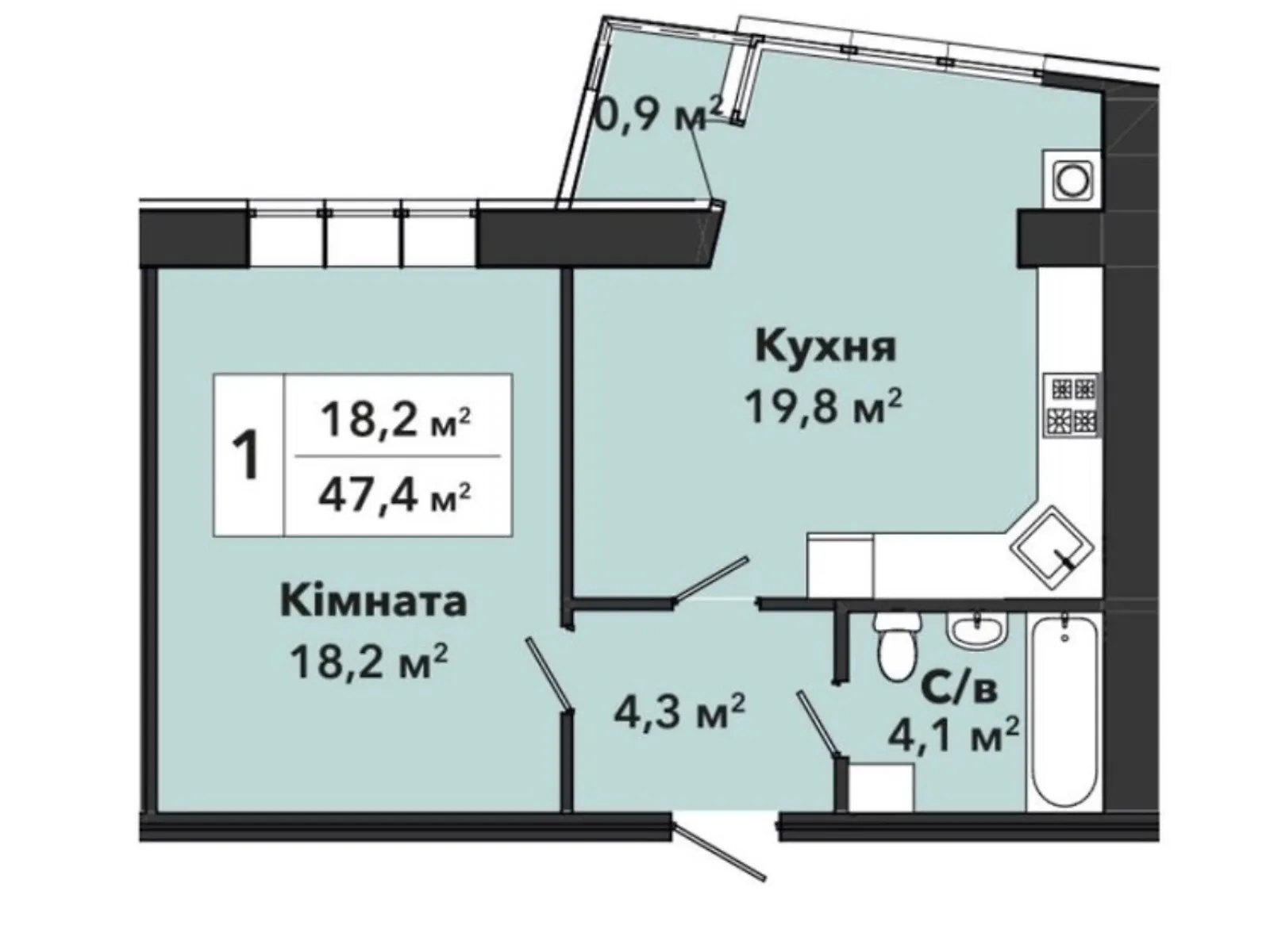 Продається 1-кімнатна квартира 47.4 кв. м у Хмельницькому, вул. Панаса Мирного, 9 - фото 1