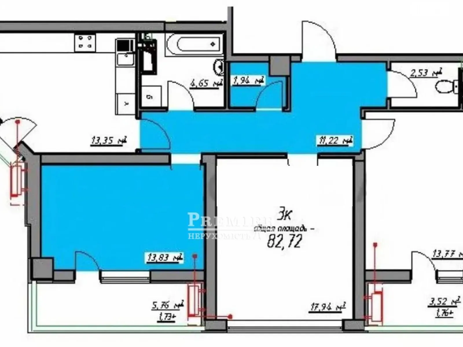 Продается 3-комнатная квартира 82.7 кв. м в Одессе, пер. Курортный - фото 1