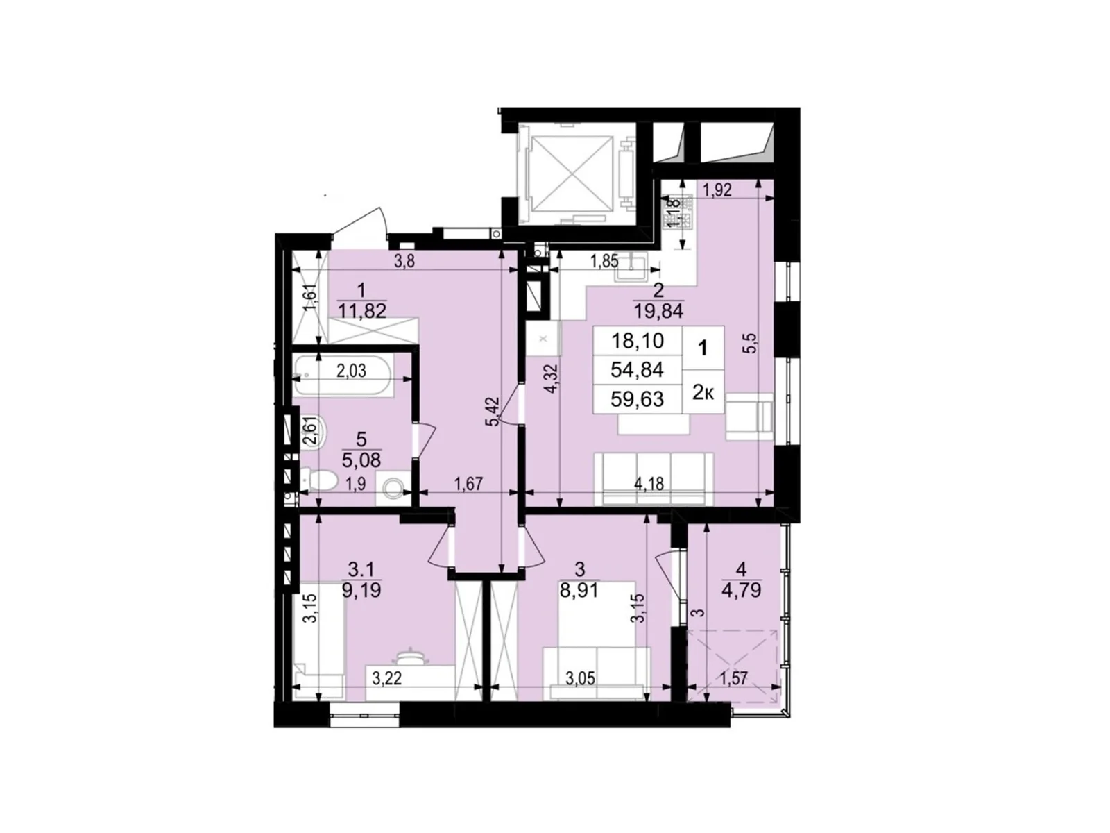 2-комнатная квартира 59.63 кв. м в Тернополе, ул. Стецька Ярослава, 20Б - фото 1