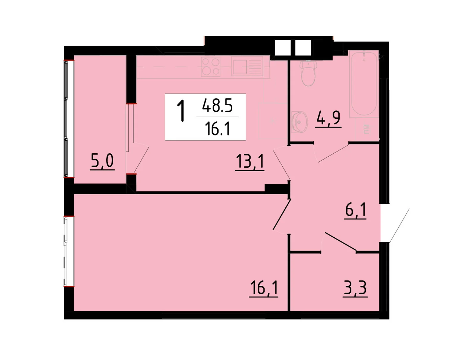 Продается 1-комнатная квартира 48.5 кв. м в Байковцах, ул. Академика Королева, 7Д - фото 1