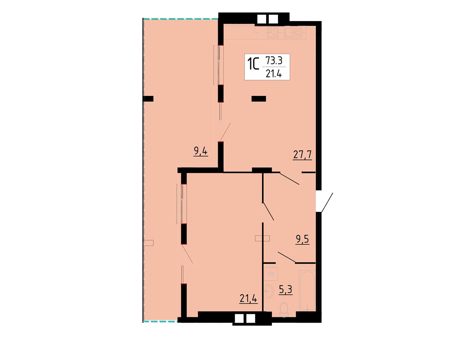 Продается 1-комнатная квартира 73.3 кв. м в Байковцах, ул. Академика Королева, 7Д - фото 1