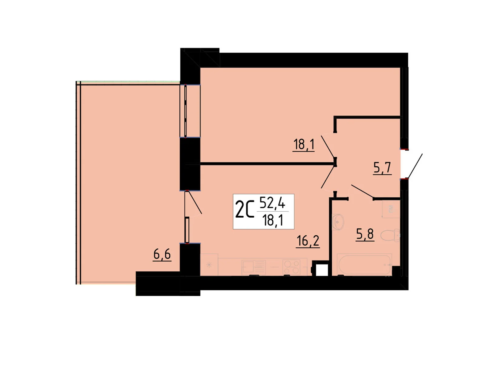 Продається 2-кімнатна квартира 52.4 кв. м у Байківці, вул. Академіка Корольова, 7Д - фото 1