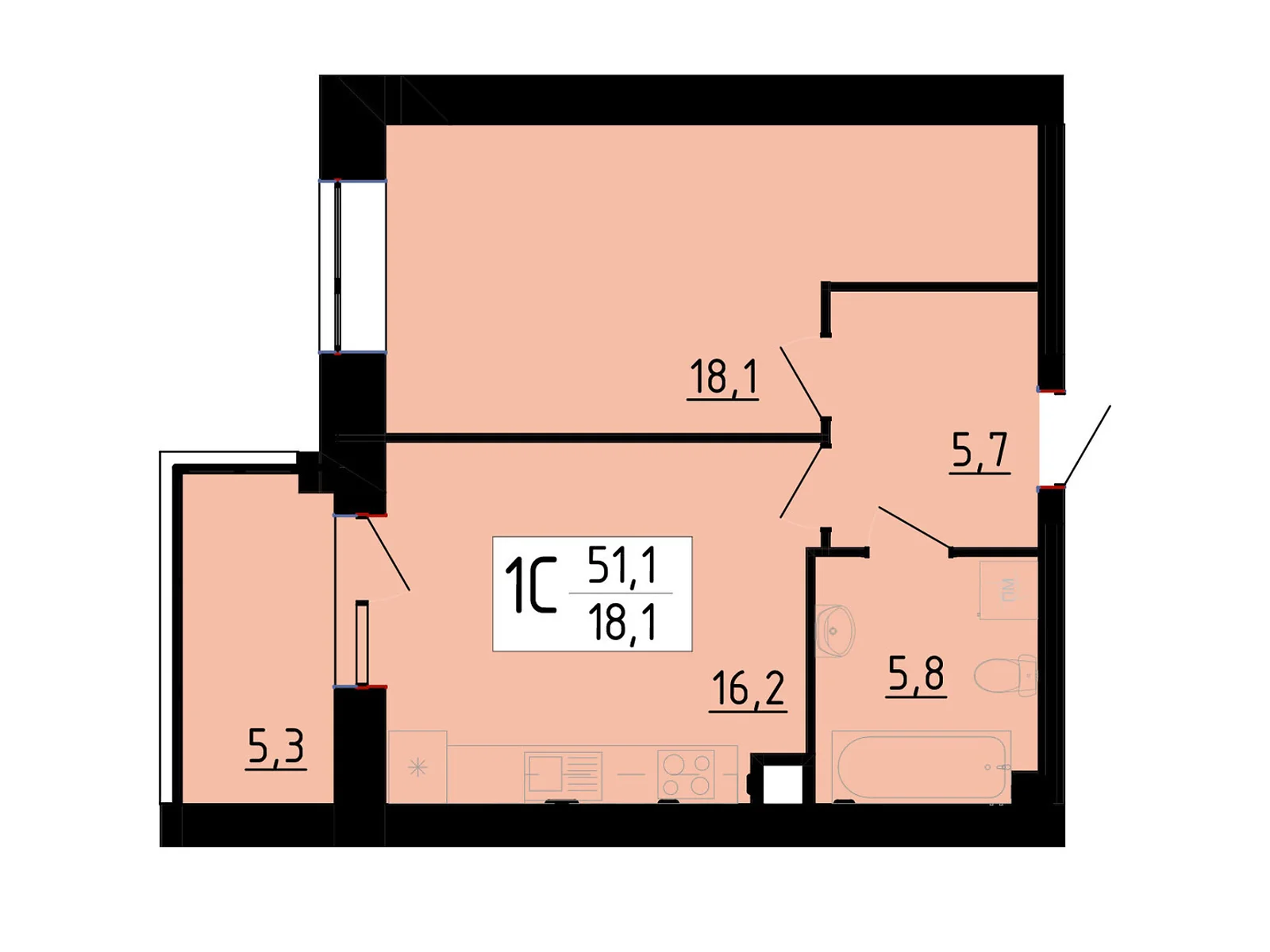Продается 1-комнатная квартира 51.1 кв. м в Байковцах, ул. Академика Королева, 7Д - фото 1