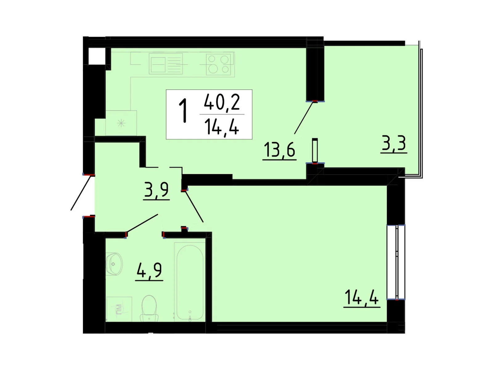 Продается 1-комнатная квартира 40.2 кв. м в Байковцах, ул. Академика Королева, 7Д - фото 1
