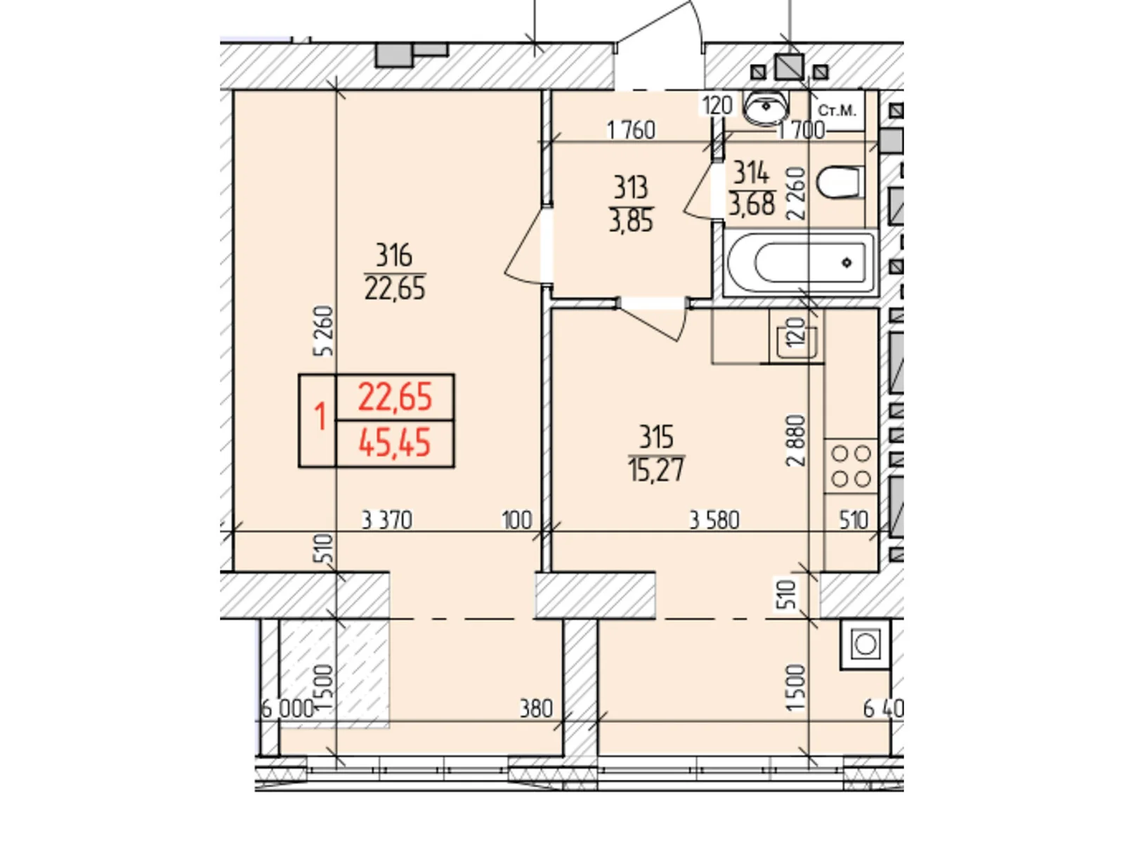 Продается 1-комнатная квартира 45.45 кв. м в Хмельницком, ул. Нижняя Береговая, 2/4 - фото 1