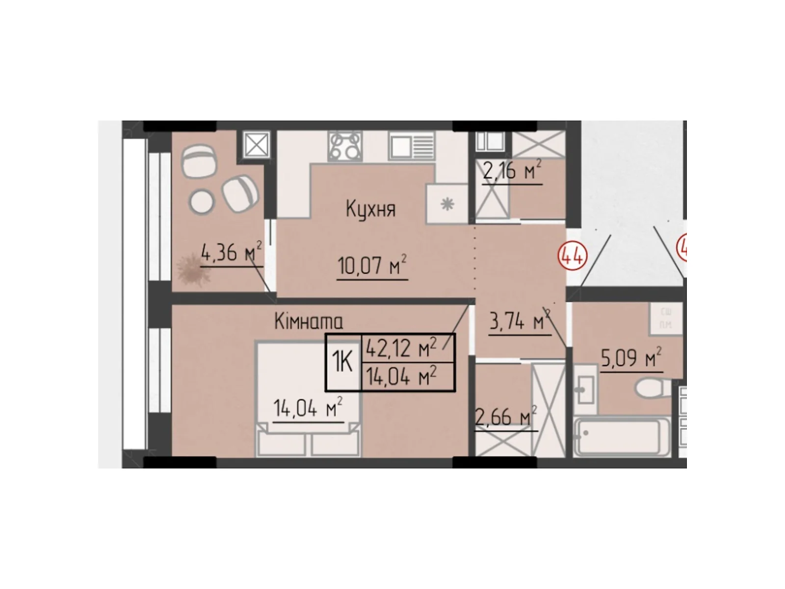 1-комнатная квартира 42.12 кв. м в Тернополе, ул. Яремы, 18 - фото 1