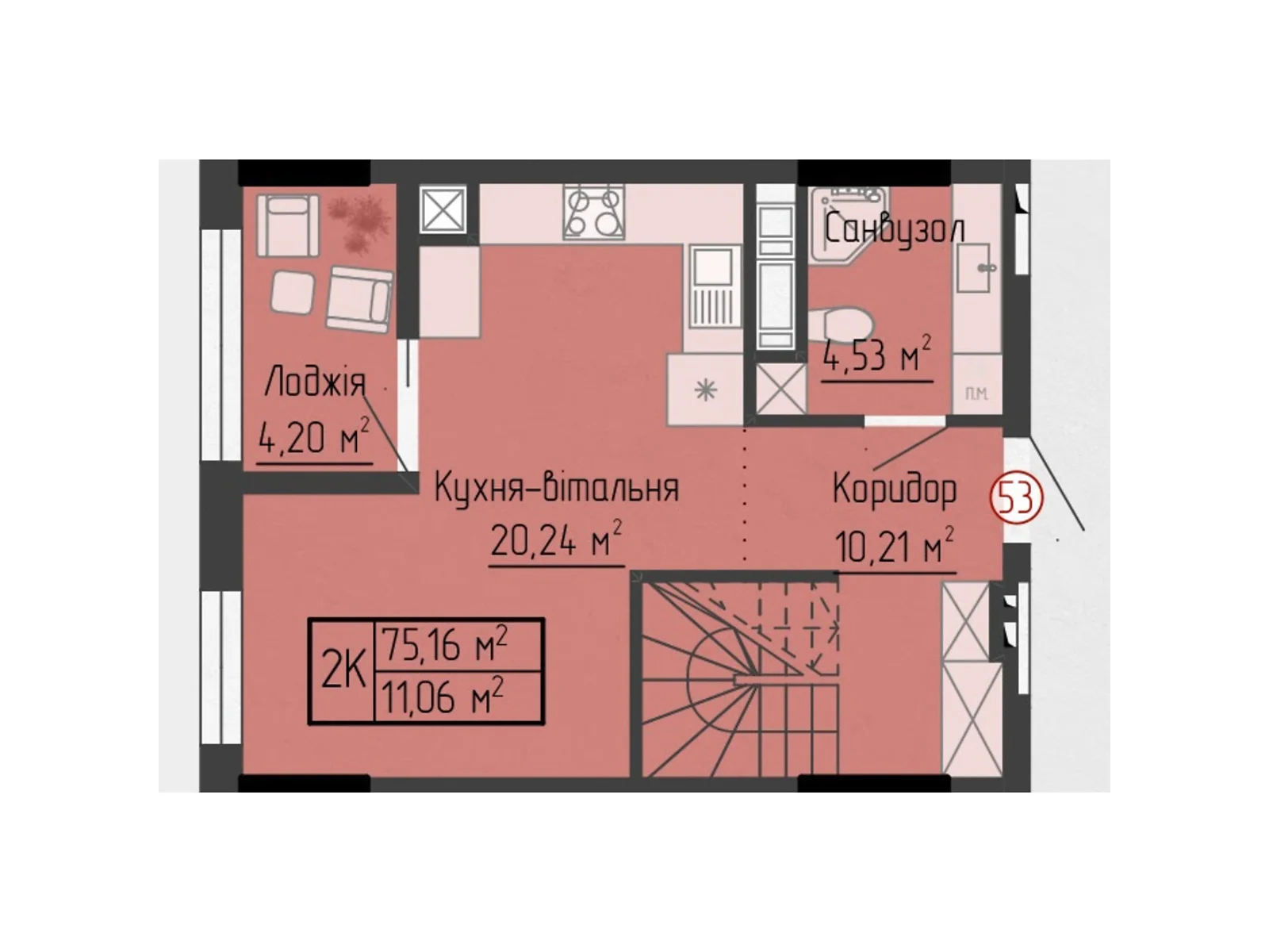 2-кімнатна квартира 75.16 кв. м у Тернополі, вул. Яреми, 18 - фото 1