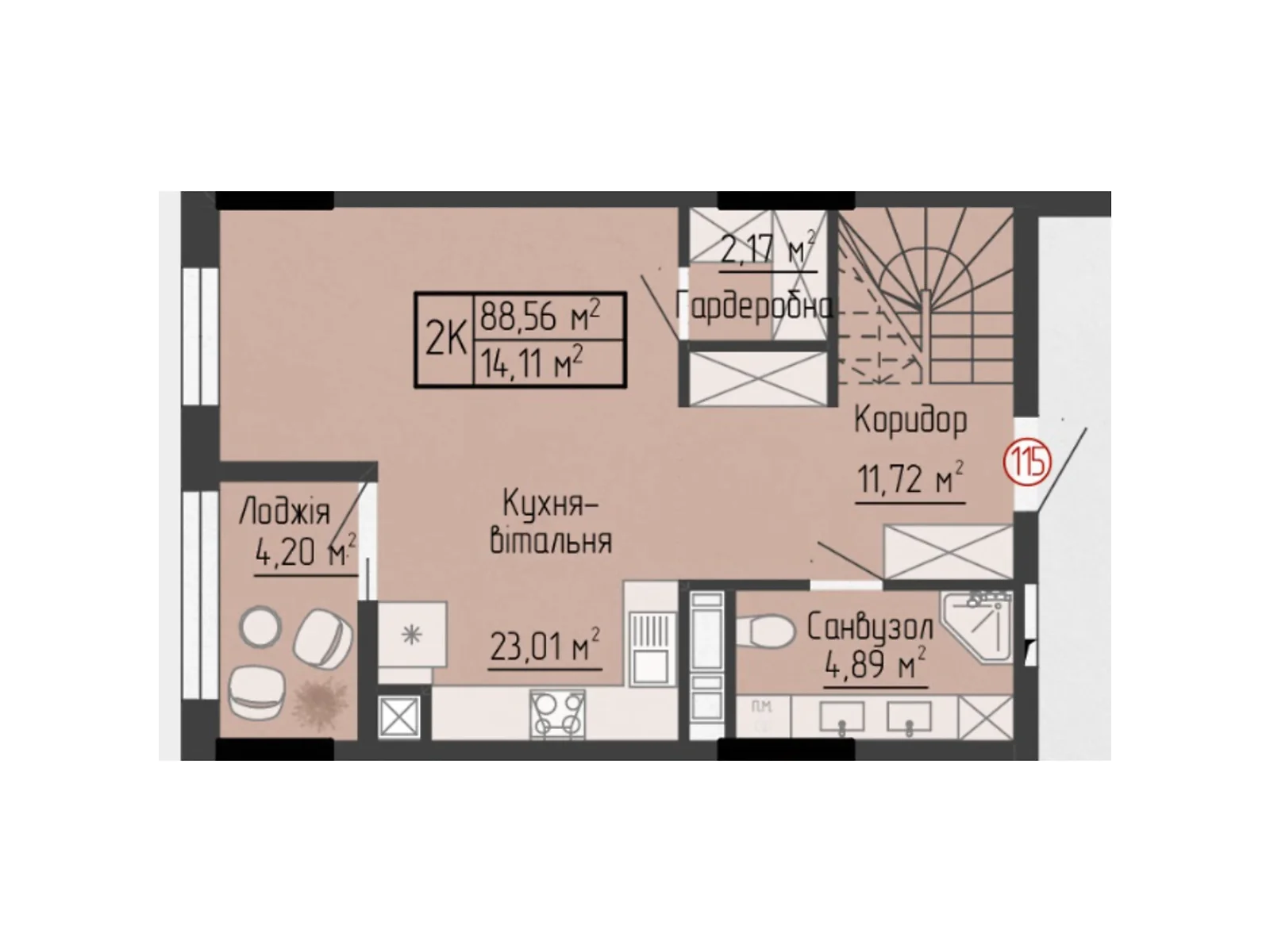 2-кімнатна квартира 88.56 кв. м у Тернополі, вул. Яреми, 18 - фото 1