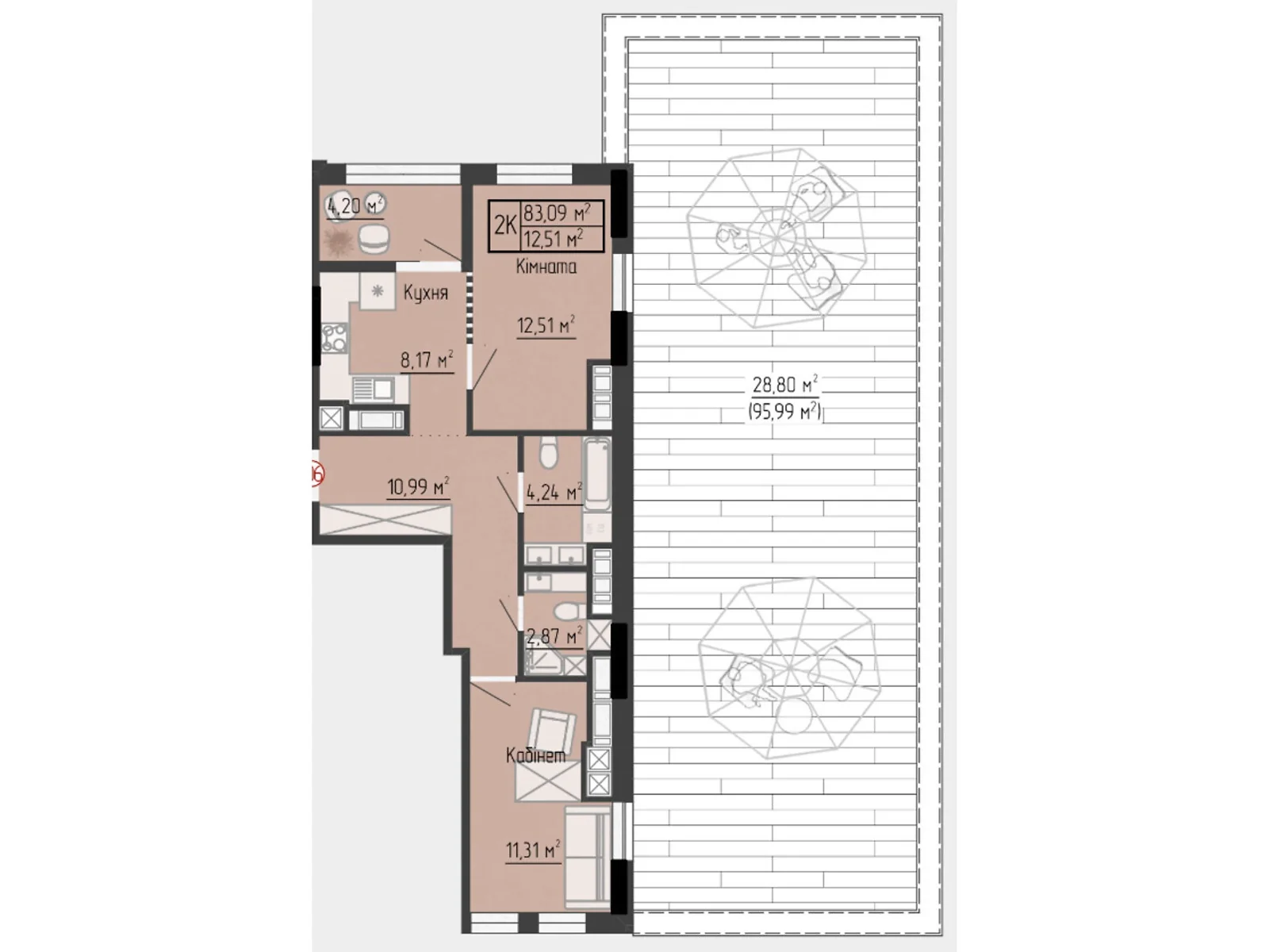 2-кімнатна квартира 83.09 кв. м у Тернополі, вул. Яреми, 18 - фото 1