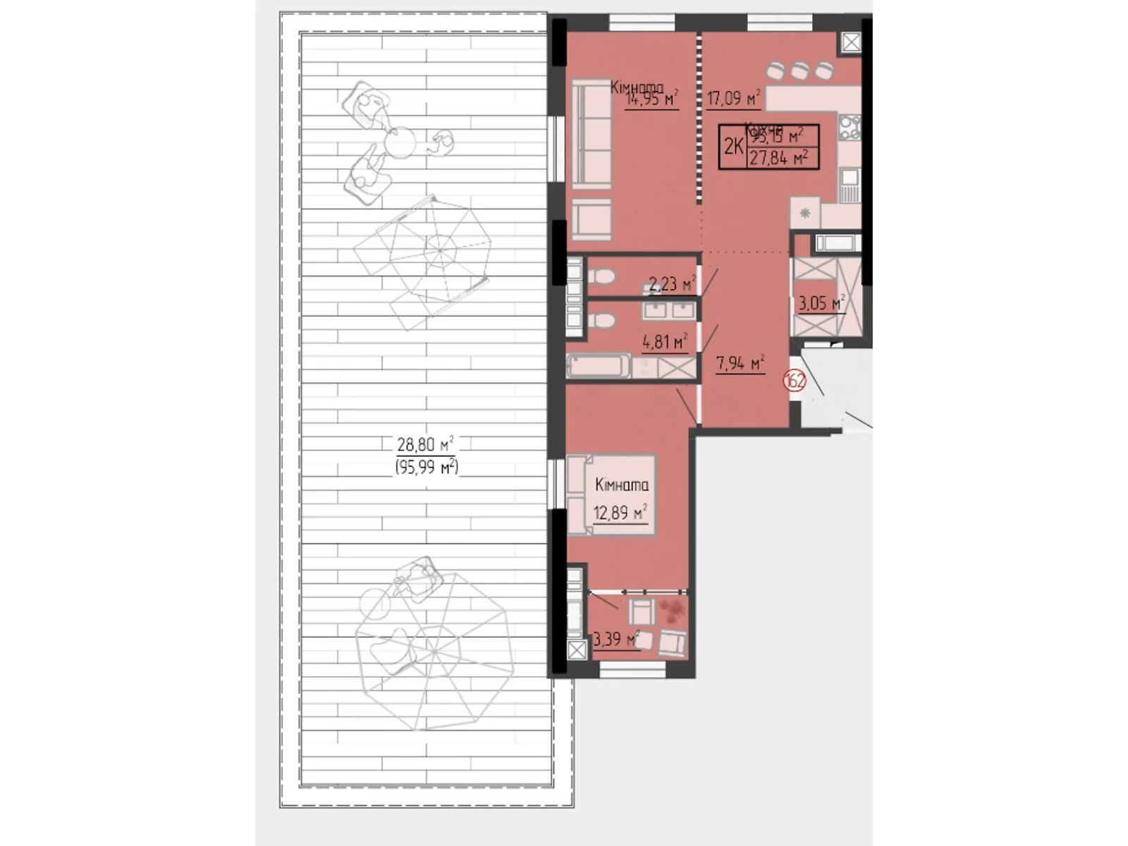 2-комнатная квартира 95.15 кв. м в Тернополе, ул. Яремы, 18 - фото 1