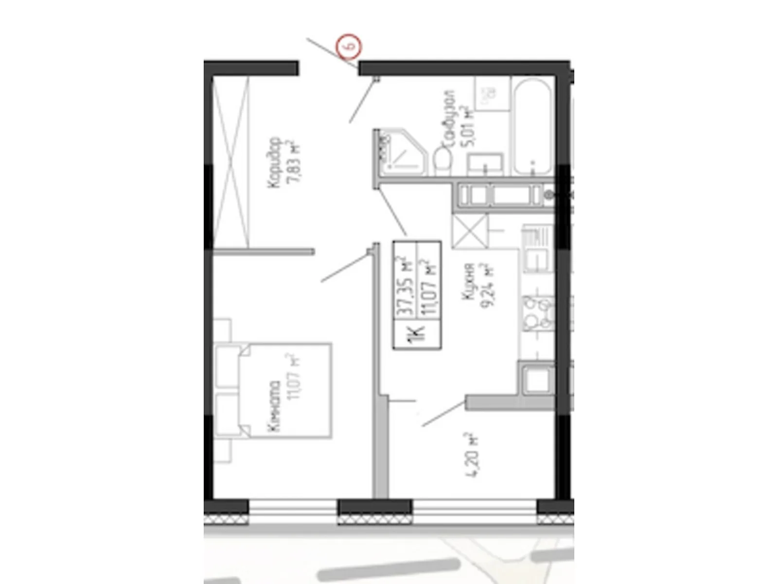 1-комнатная квартира 37.35 кв. м в Тернополе, ул. Спортивная, 8 - фото 1