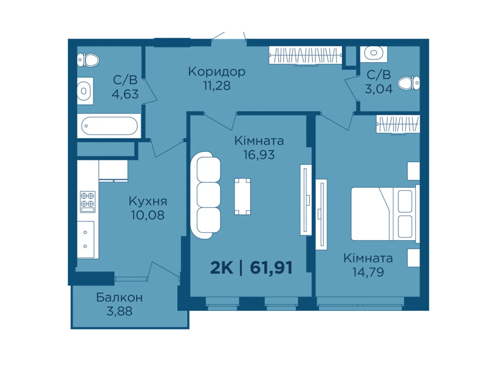 Продается 2-комнатная квартира 61.91 кв. м в Криховцах, ул. Физкультурная, 27 - фото 1