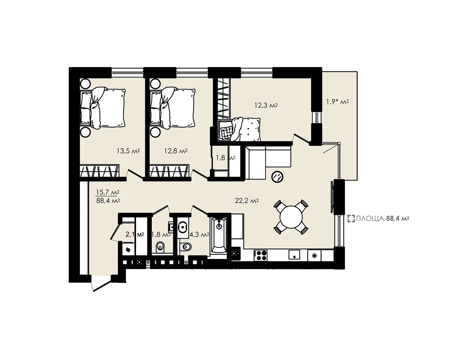 Продається 3-кімнатна квартира 88.4 кв. м у Сокільниках, цена: 97240 $ - фото 1