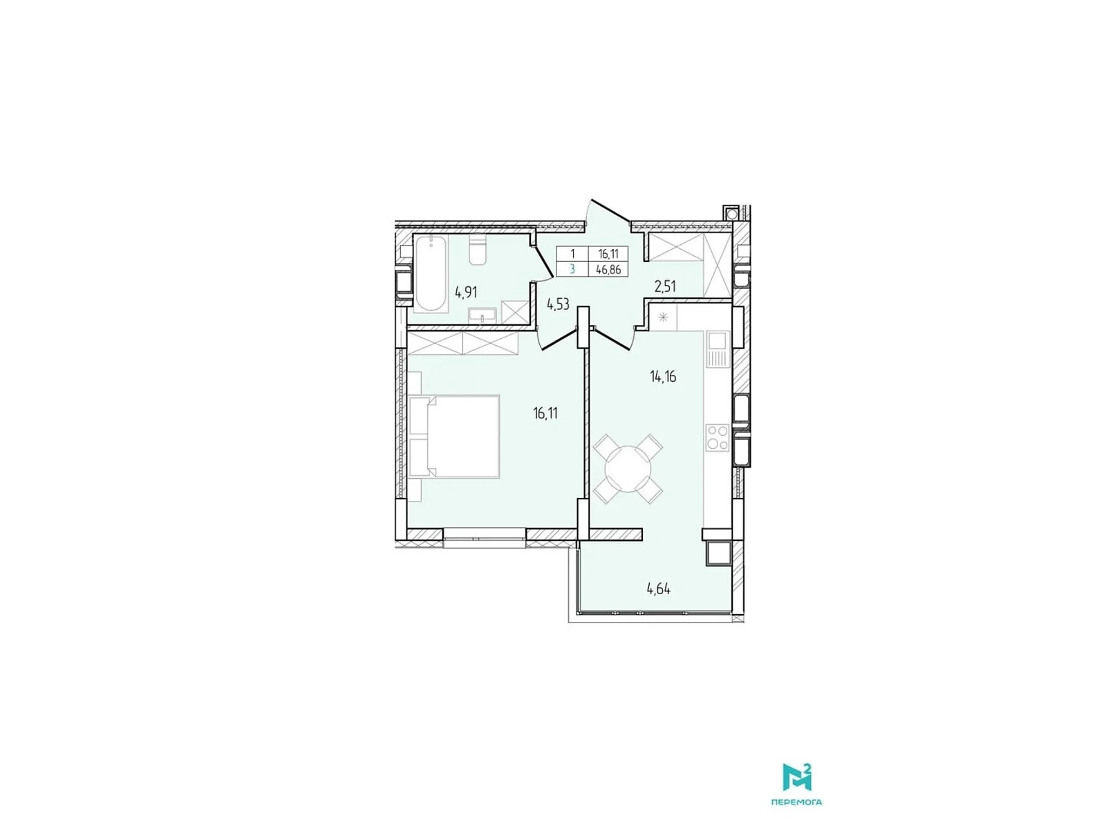 Продается 1-комнатная квартира 46.36 кв. м в Хмельницком, ул. Победы, 8А - фото 1