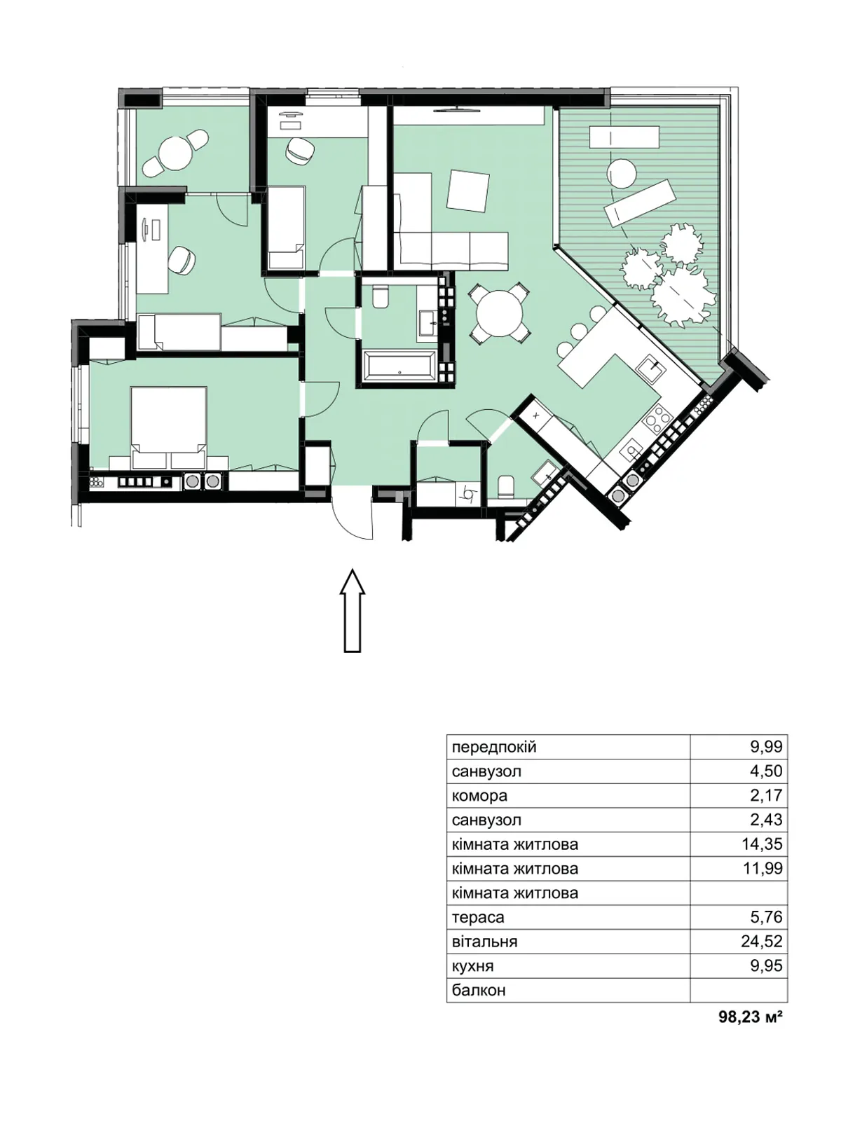 Продается 3-комнатная квартира 98.23 кв. м в Мукачеве, ул. Александра Духновича, 14/1 - фото 1