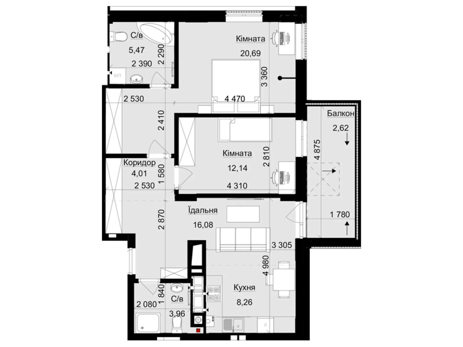 Продается 2-комнатная квартира 73.23 кв. м в Львове, ул. Пасечная, 154 - фото 1
