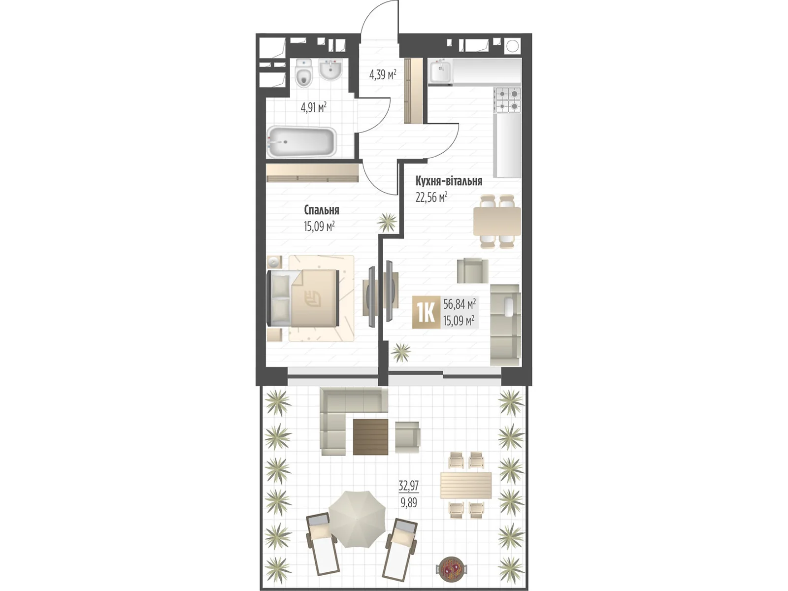 Продається 1-кімнатна квартира 56.84 кв. м у Львові, вул. Орлика, 52 - фото 1