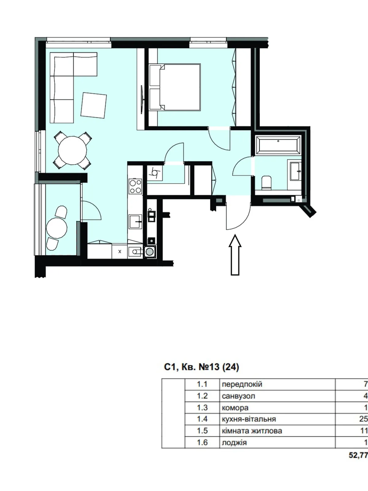 Продається 1-кімнатна квартира 52.77 кв. м у Мукачеві, вул. Олександра Духновича, 14/1 - фото 1