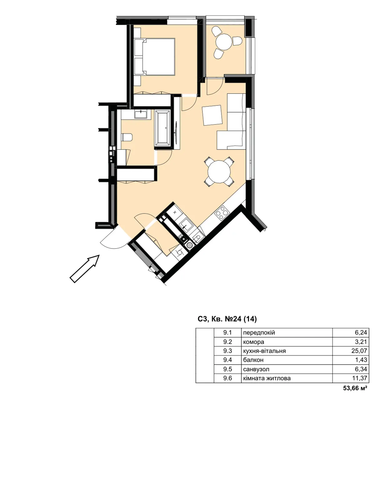Продається 1-кімнатна квартира 53.66 кв. м у Мукачеві, вул. Олександра Духновича, 14/1 - фото 1