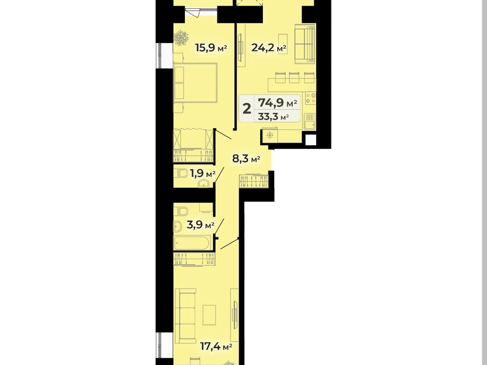 2-комнатная квартира 74.9 кв. м в Тернополе, ул. Довженко Александра - фото 1
