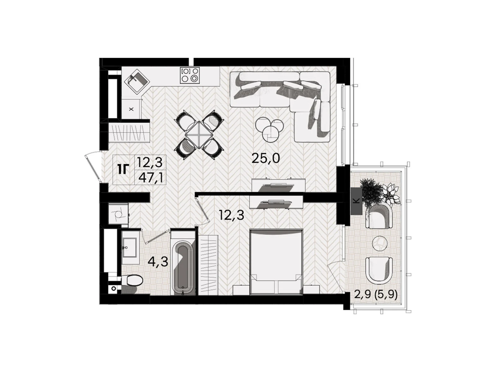 Продается 1-комнатная квартира 47.1 кв. м в Виннице, ул. Келецкая, 1 - фото 1
