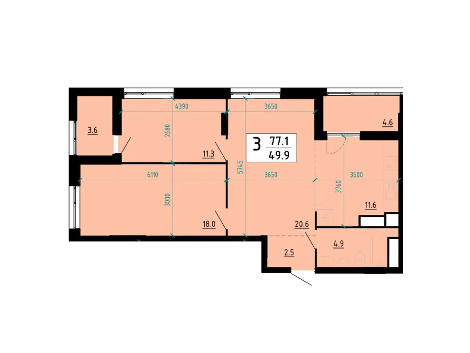 3-комнатная квартира 76.9 кв. м в Тернополе, ул. Глиняная, 10 - фото 1