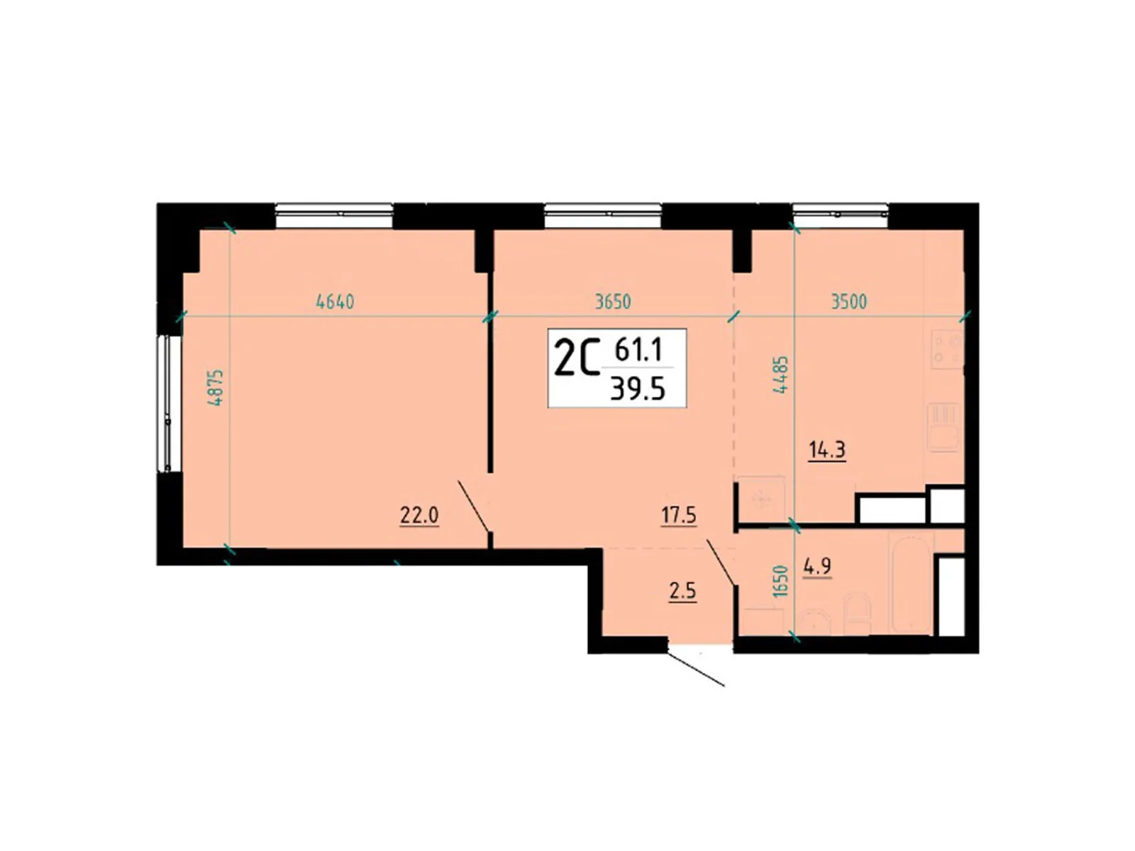 2-комнатная квартира 60.9 кв. м в Тернополе, ул. Глиняная, 10 - фото 1