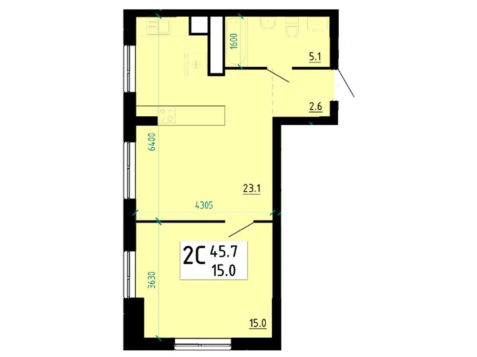 2-комнатная квартира 45.7 кв. м в Тернополе, ул. Глиняная, 10 - фото 1