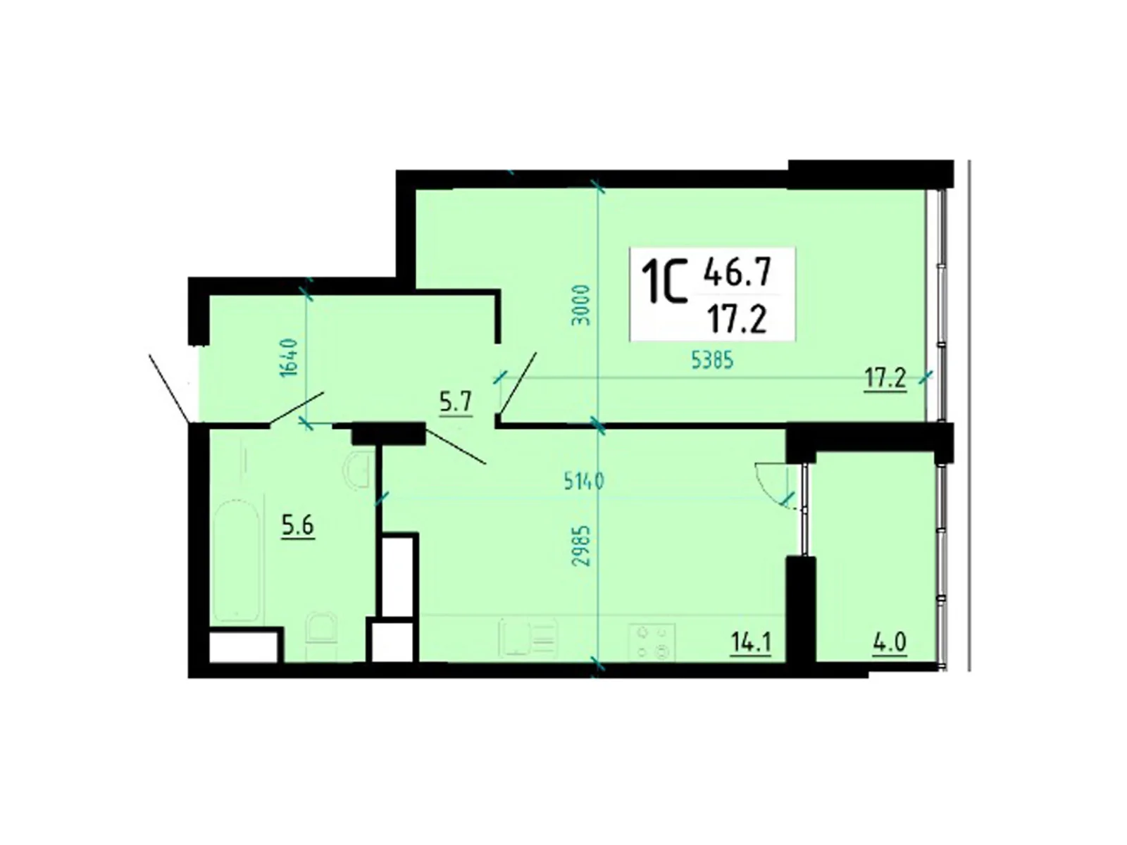 1-комнатная квартира 46.6 кв. м в Тернополе, ул. Глиняная, 10 - фото 1