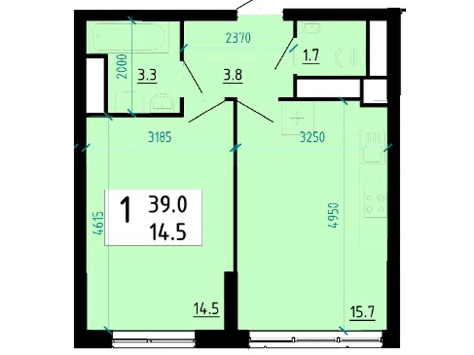 1-комнатная квартира 39.3 кв. м в Тернополе, ул. Глиняная, 10 - фото 1