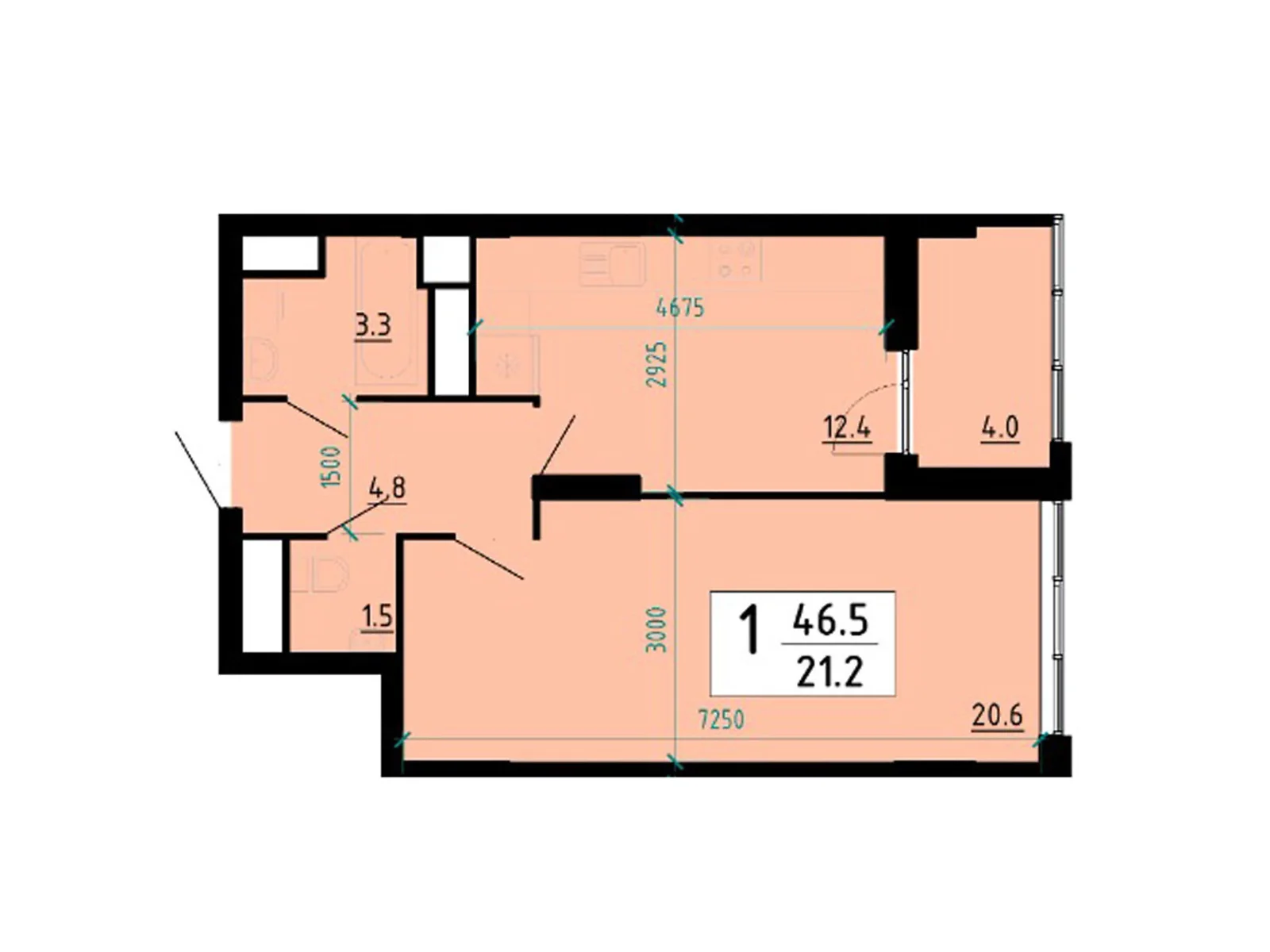 1-комнатная квартира 46.4 кв. м в Тернополе, ул. Глиняная, 10 - фото 1