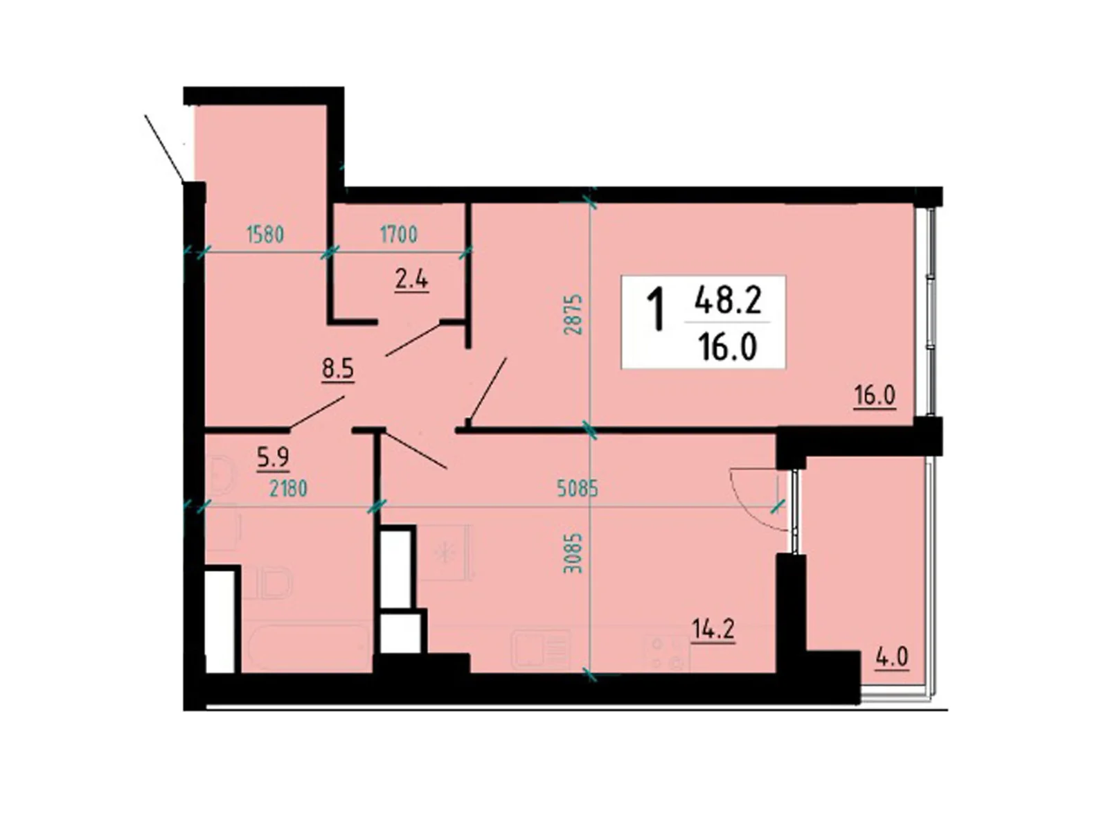 1-комнатная квартира 48.2 кв. м в Тернополе, ул. Глиняная, 10 - фото 1