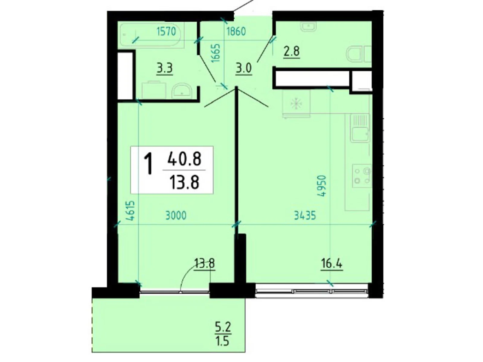 1-комнатная квартира 41.1 кв. м в Тернополе, ул. Глиняная, 10 - фото 1