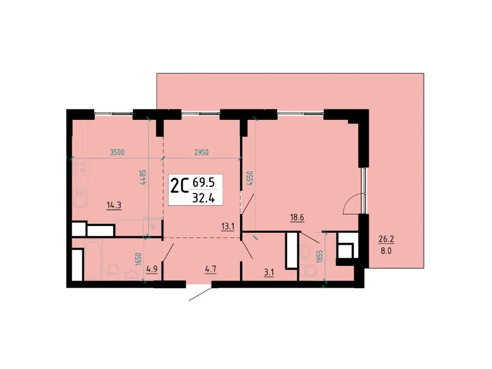 2-комнатная квартира 68.2 кв. м в Тернополе, ул. Глиняная, 10 - фото 1