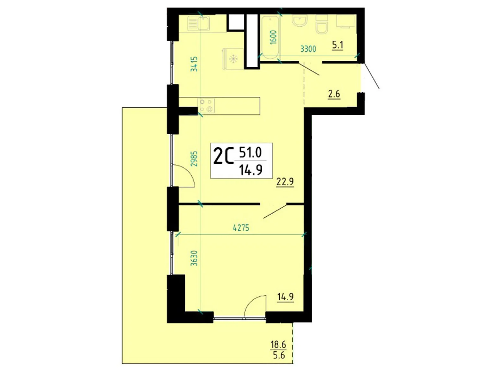 2-комнатная квартира 51.3 кв. м в Тернополе, ул. Глиняная, 10 - фото 1