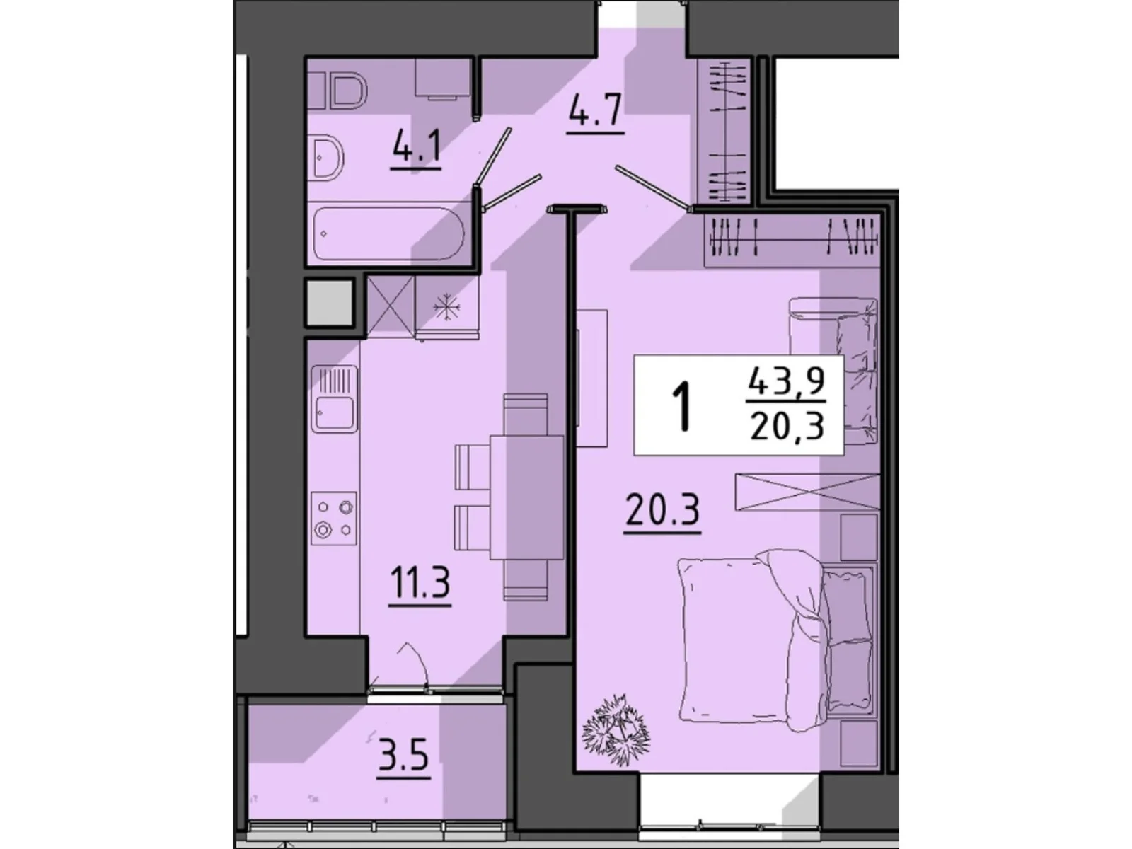 1-комнатная квартира 43.9 кв. м в Тернополе, ул. Генерала Мирона Тарнавского - фото 1