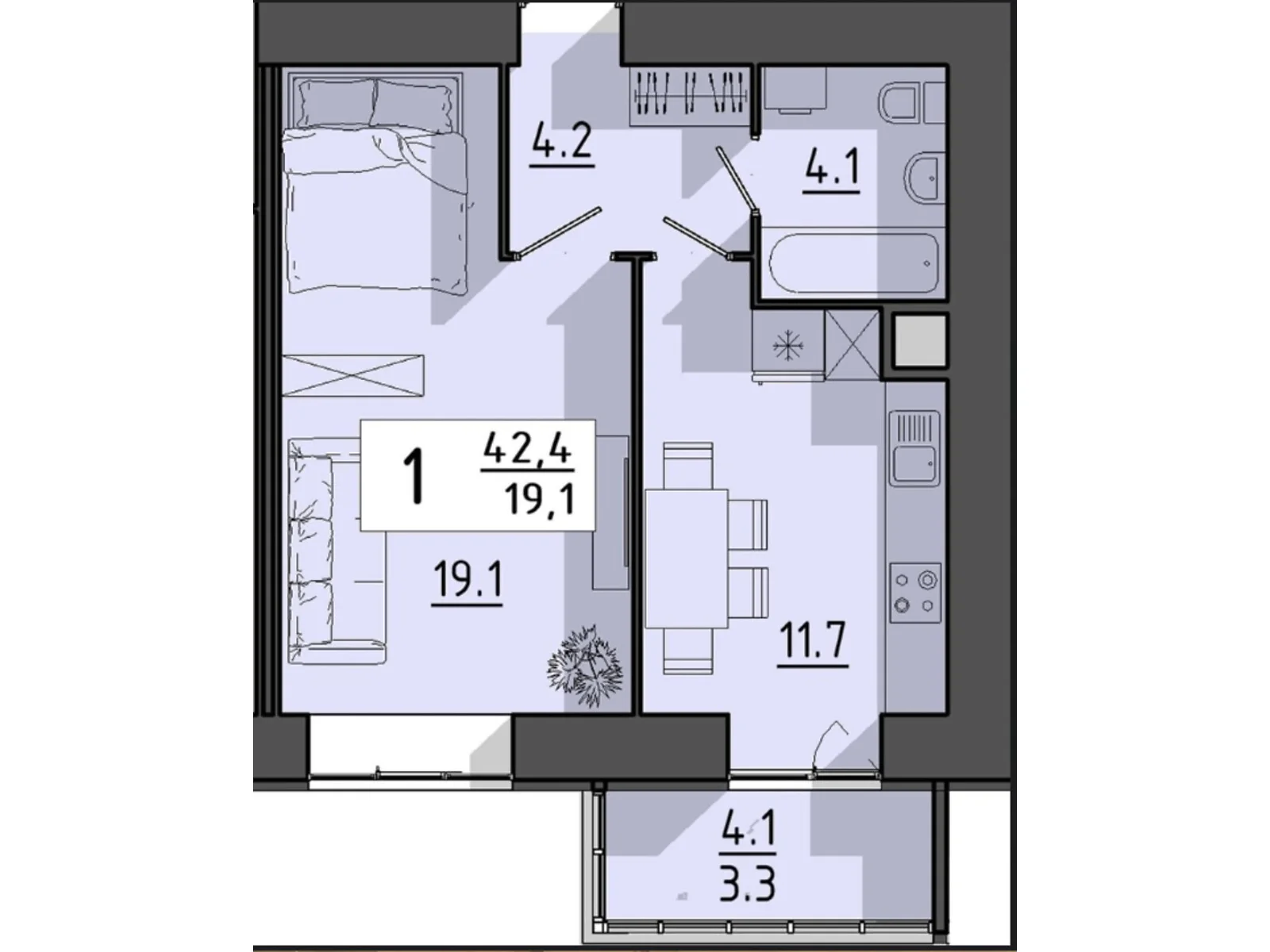 1-комнатная квартира 42.4 кв. м в Тернополе, ул. Генерала Мирона Тарнавского - фото 1