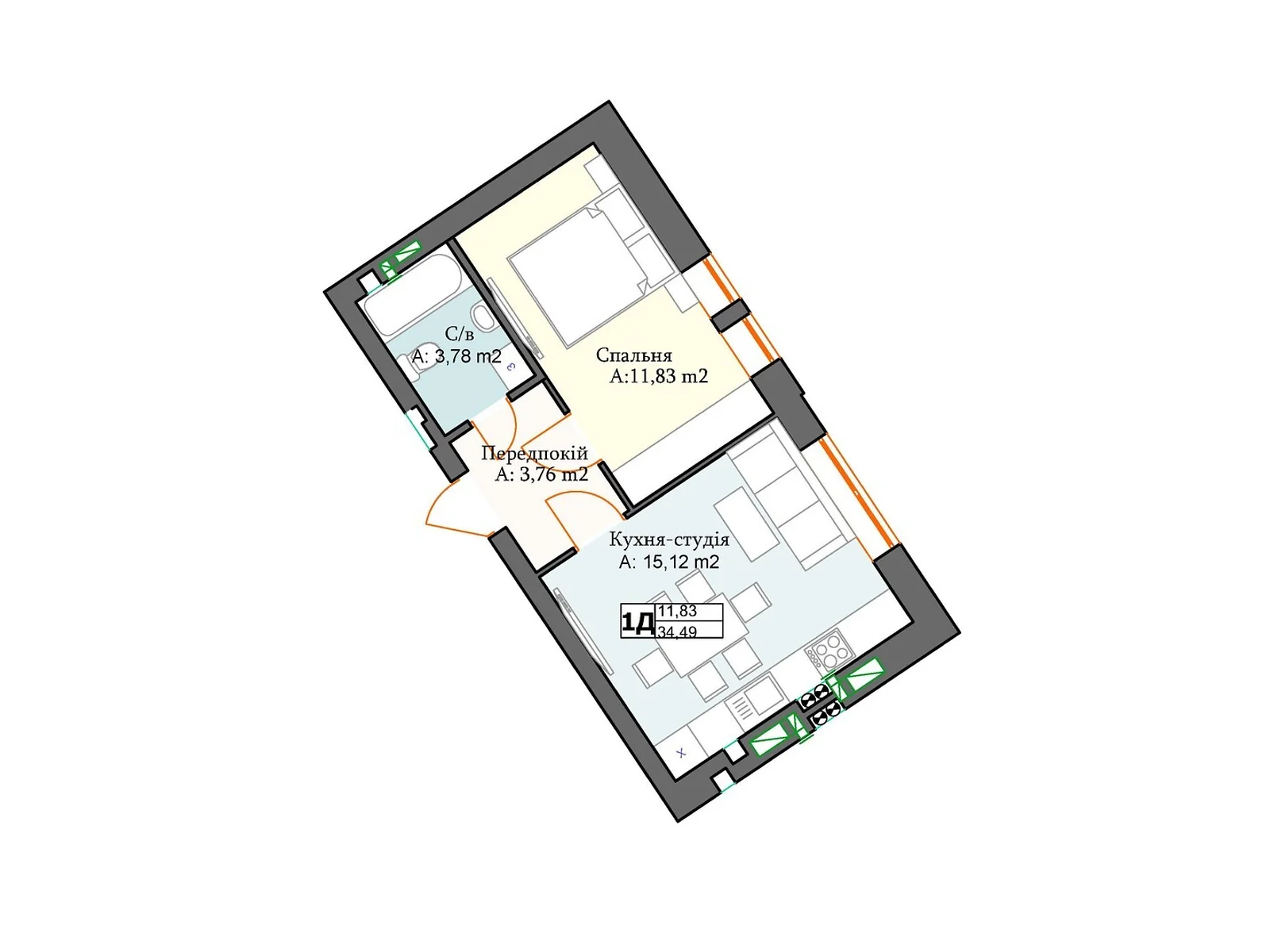 Продается 1-комнатная квартира 34.49 кв. м в Перечине, цена: 37939 $ - фото 1