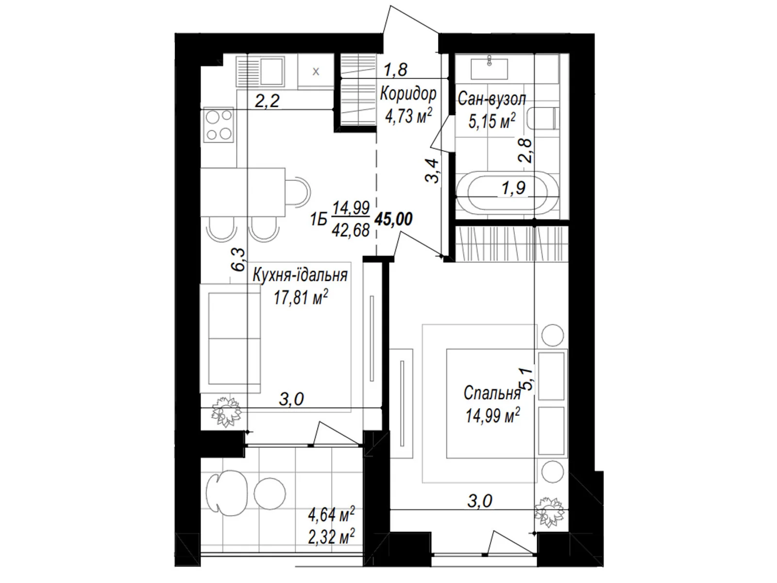 Продается 1-комнатная квартира 45 кв. м в Хмельницком, ул. 2-я Отрадная, 1 - фото 1