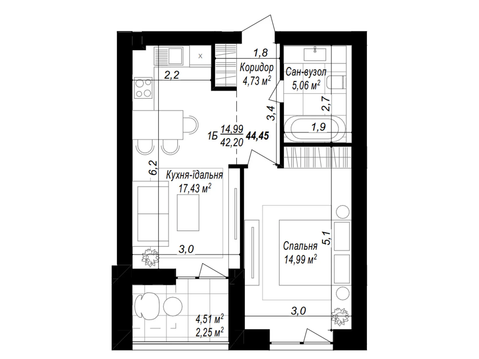 Продается 1-комнатная квартира 44.45 кв. м в Хмельницком, ул. 2-я Отрадная, 1 - фото 1