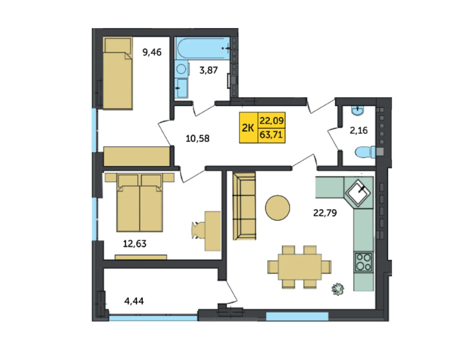 Продается 2-комнатная квартира 63.71 кв. м в Струмовке, ул. Парковая, 72 - фото 1