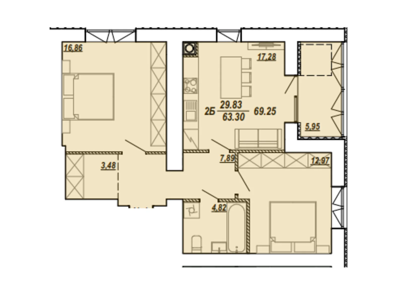 2-комнатная квартира 69.7 кв. м в Тернополе, ул. Текстильная, 21 - фото 1