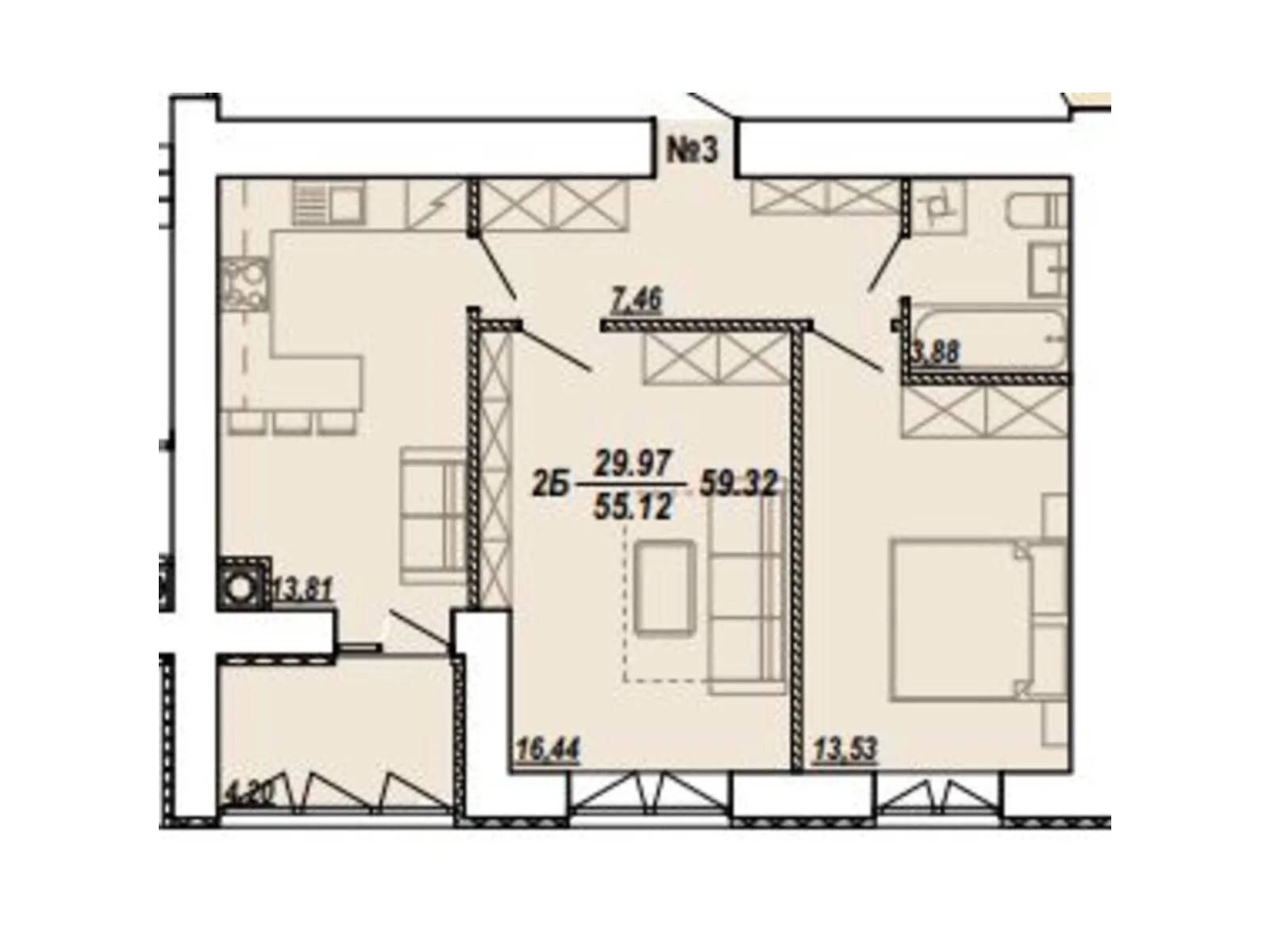 2-комнатная квартира 59.32 кв. м в Тернополе, ул. Текстильная, 21 - фото 1